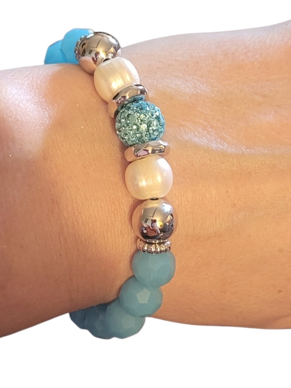 🥳4/$75!🥳 Blue Agate, Freshwater Pearl & Crystal Pave Bead Stretch Bracelet